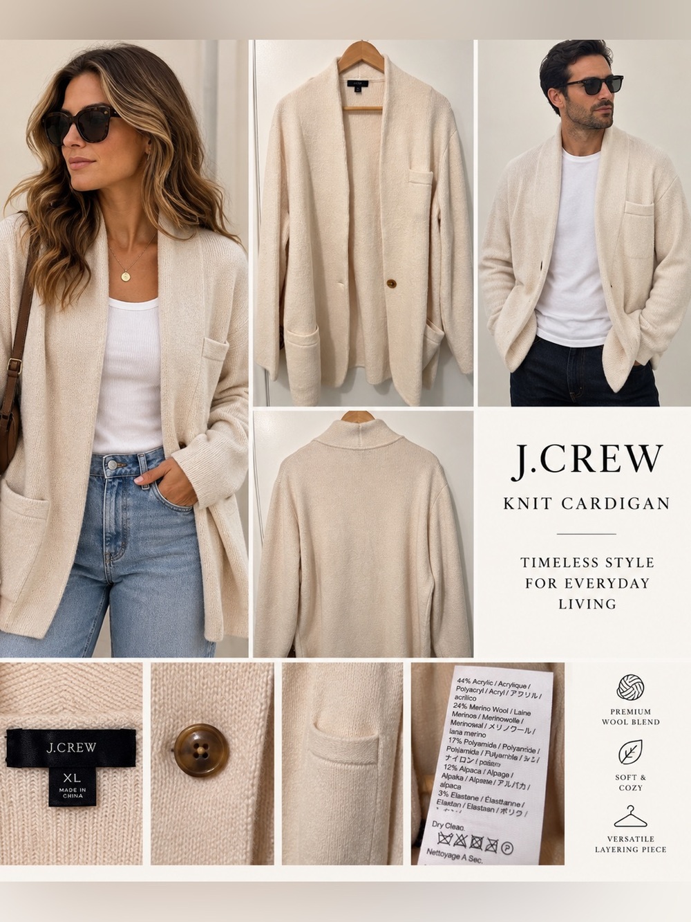 J.Crew XL Cream Merino Wool Alpaca Blend Shawl Collar Cardigan Sweater